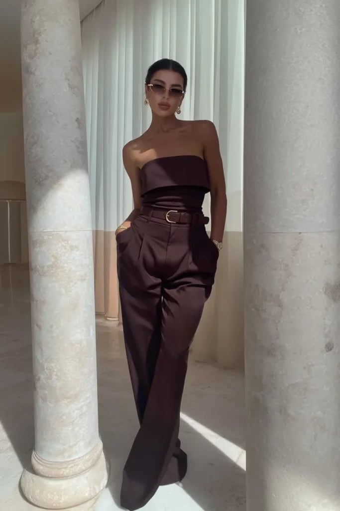 Monochromatic Brown Strapless Set Monochromatic Brown Strapless Set — Trendy Brown Trousers Outfit