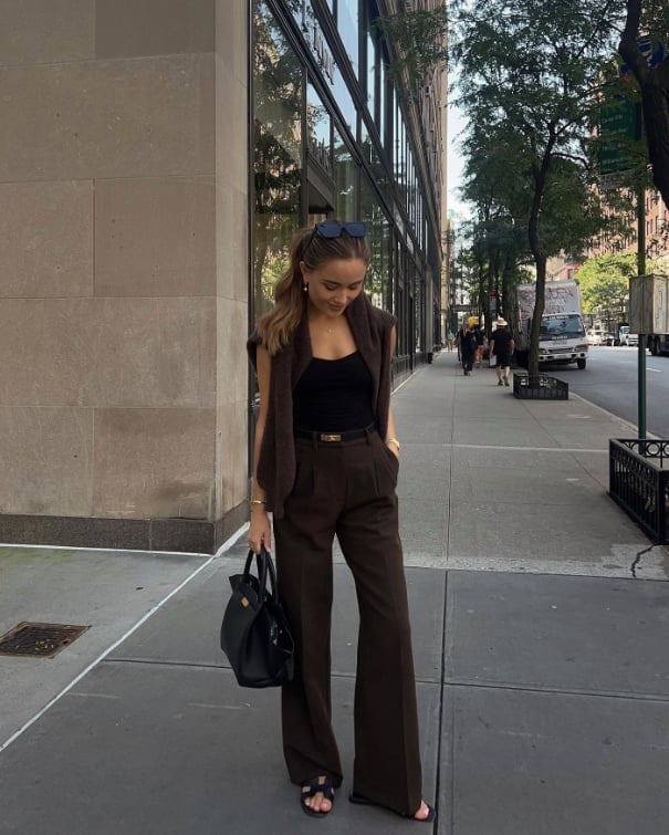 Wide Leg Trousers Casual Sweater Vest Wide Leg Trousers Casual Sweater Vest — Trendy Brown Trousers Outfit