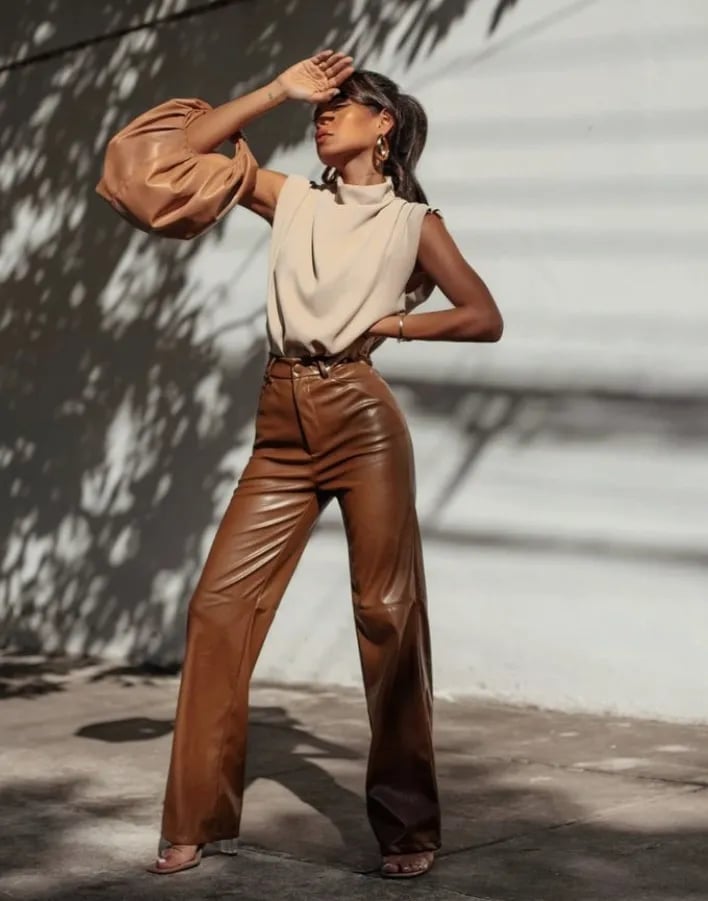 Leather Wide Leg Trousers Casual Chic Leather Wide Leg Trousers Casual Chic — Trendy Brown Trousers Outfit