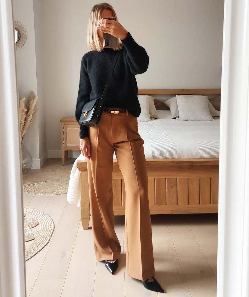 Camel Wide Leg Trousers Smart Casual With Pointed Black Heels Camel Wide Leg Trousers Smart Casual With Pointed Black Heels — Trendy Brown Trousers Outfit