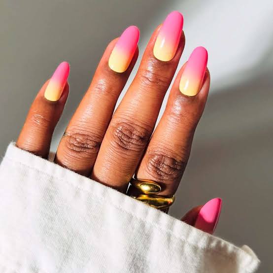 Pink to Yellow Ombre Almond Nails Pink to Yellow Ombre Almond Nails — Trendy Builder Gel Nails
