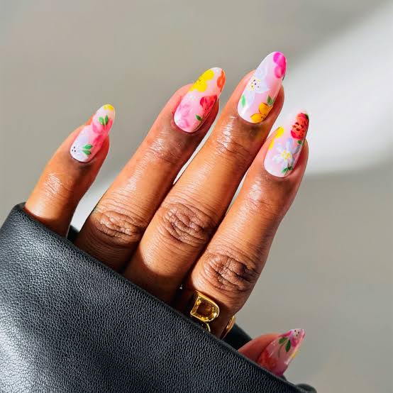 Medium Almond Glossy Floral Art Medium Almond Glossy Floral Art — Trendy Builder Gel Nails