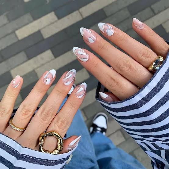 Milky White Abstract Silver Swirls Milky White Abstract Silver Swirls — Trendy Builder Gel Nails
