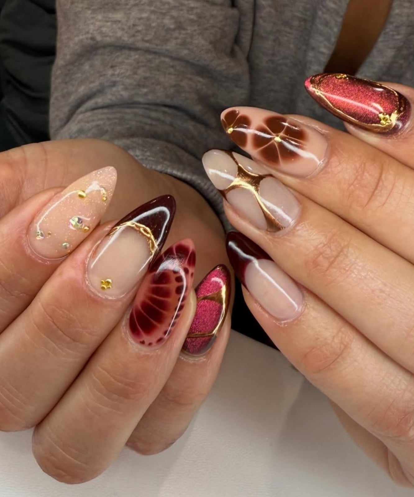 Nude Gold Accents Deep Red Shimmer Nude Gold Accents Deep Red Shimmer — Trendy Builder Gel Nails