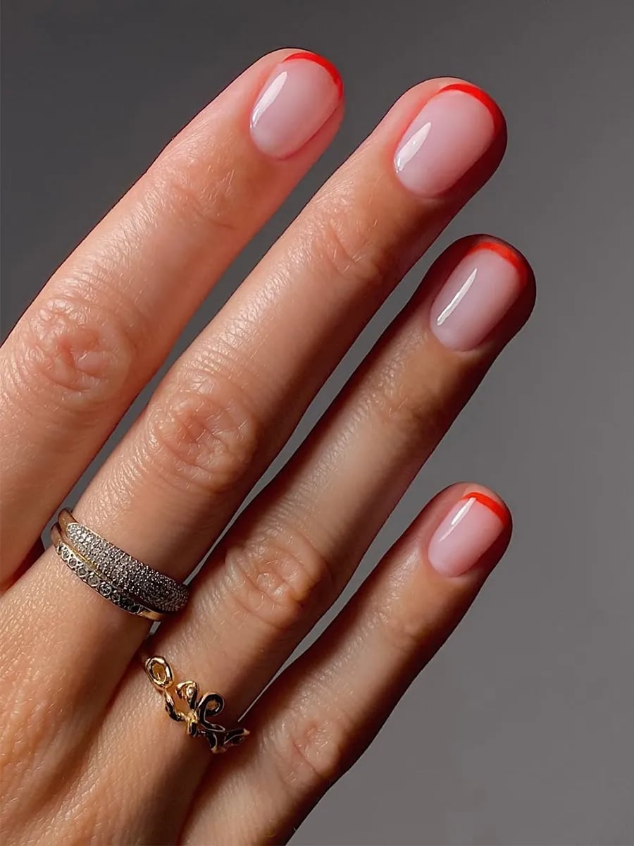 Short Oval Sheer Nude Red Tip Short Oval Sheer Nude Red Tip — Trendy Builder Gel Nails