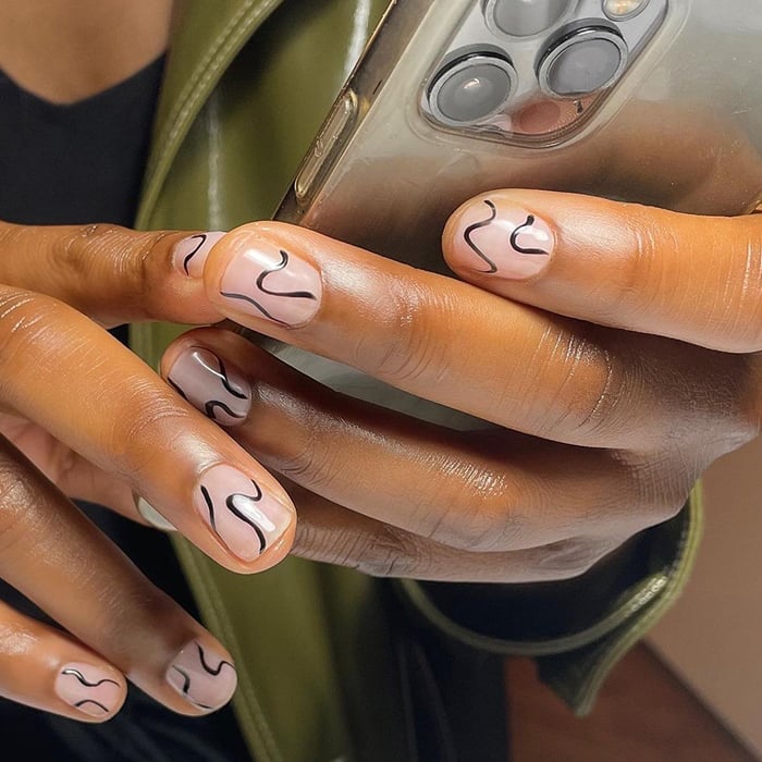 Short Almond Nude Black Line Art Short Almond Nude Black Line Art — Trendy Builder Gel Nails