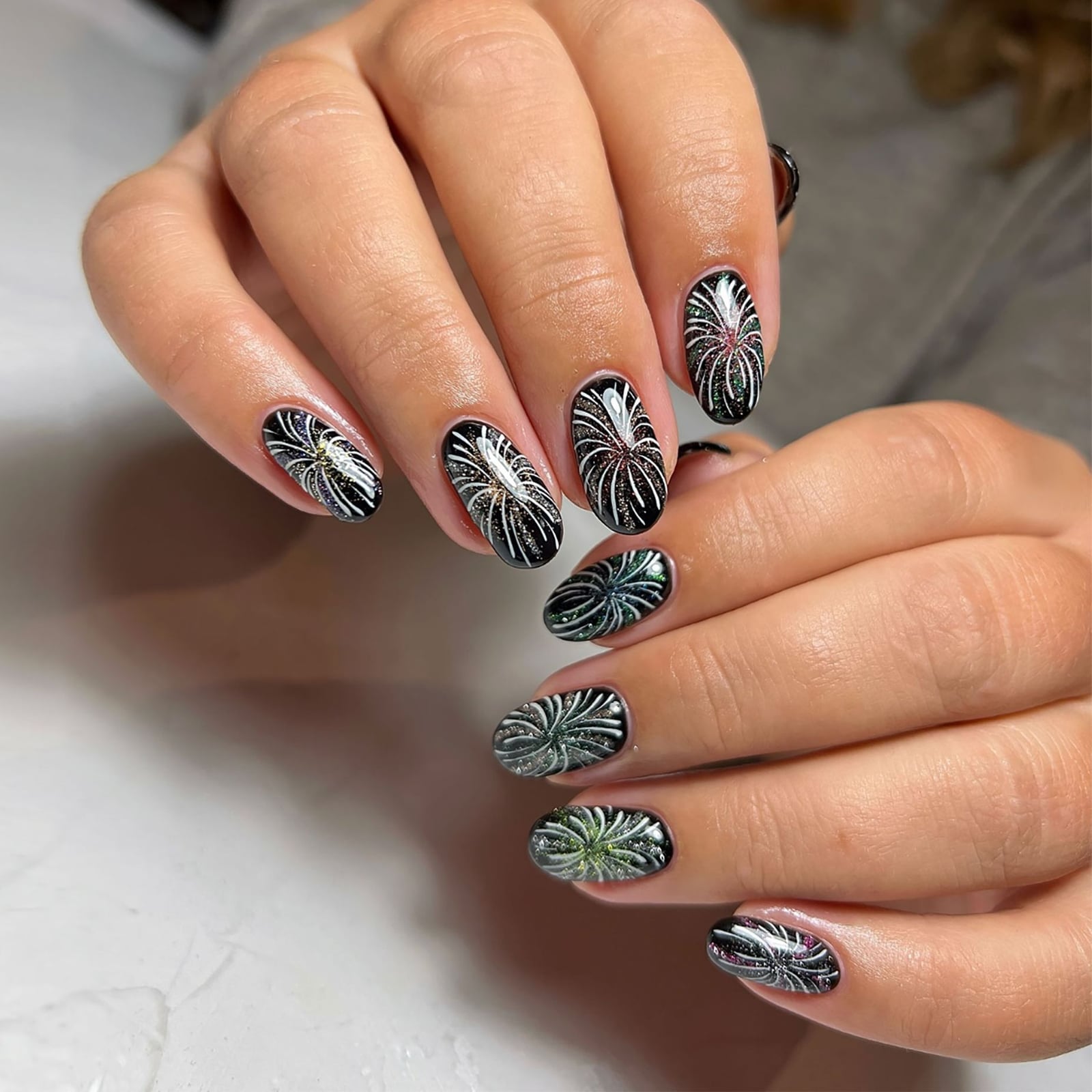Medium Oval Black Firework Design Medium Oval Black Firework Design — Trendy Builder Gel Nails