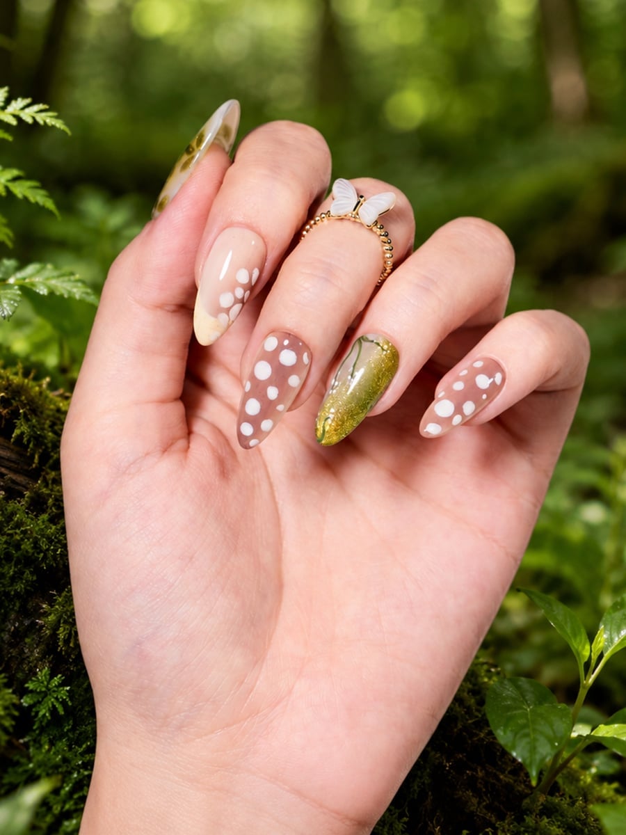 Almond Glitter Mix White Dots Yellow Tips Almond Glitter Mix White Dots Yellow Tips — Trendy Builder Gel Nails
