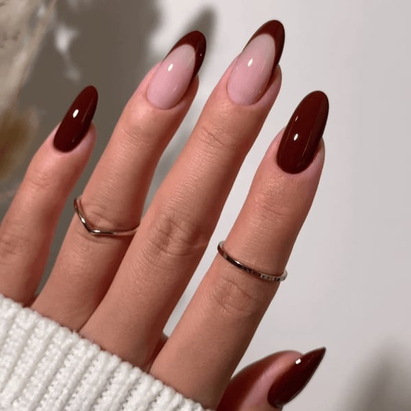 Nude Base Dark Brown French Almond Nude Base Dark Brown French Almond — Trendy Builder Gel Nails
