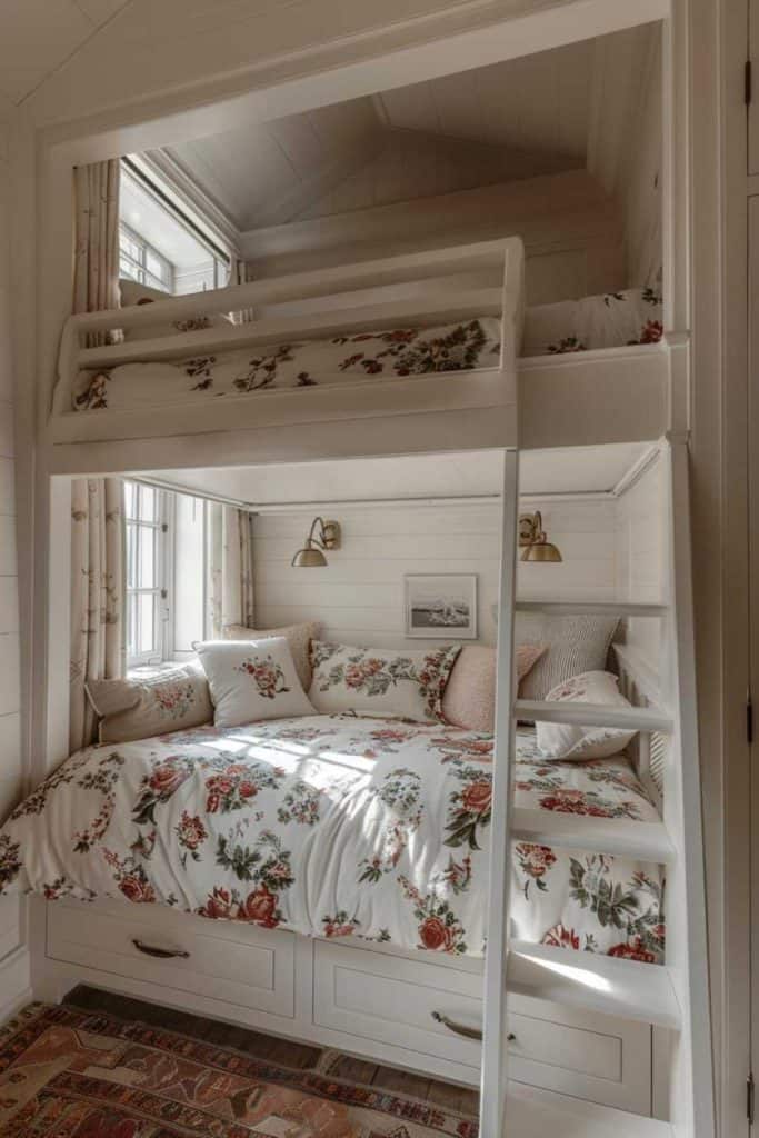 White Bunk Bed with Prominent Floral Bedding, Close-Up Take White Bunk Bed with Prominent Floral Bedding, Close-Up Take — Trendy Bunk Bed Ideas