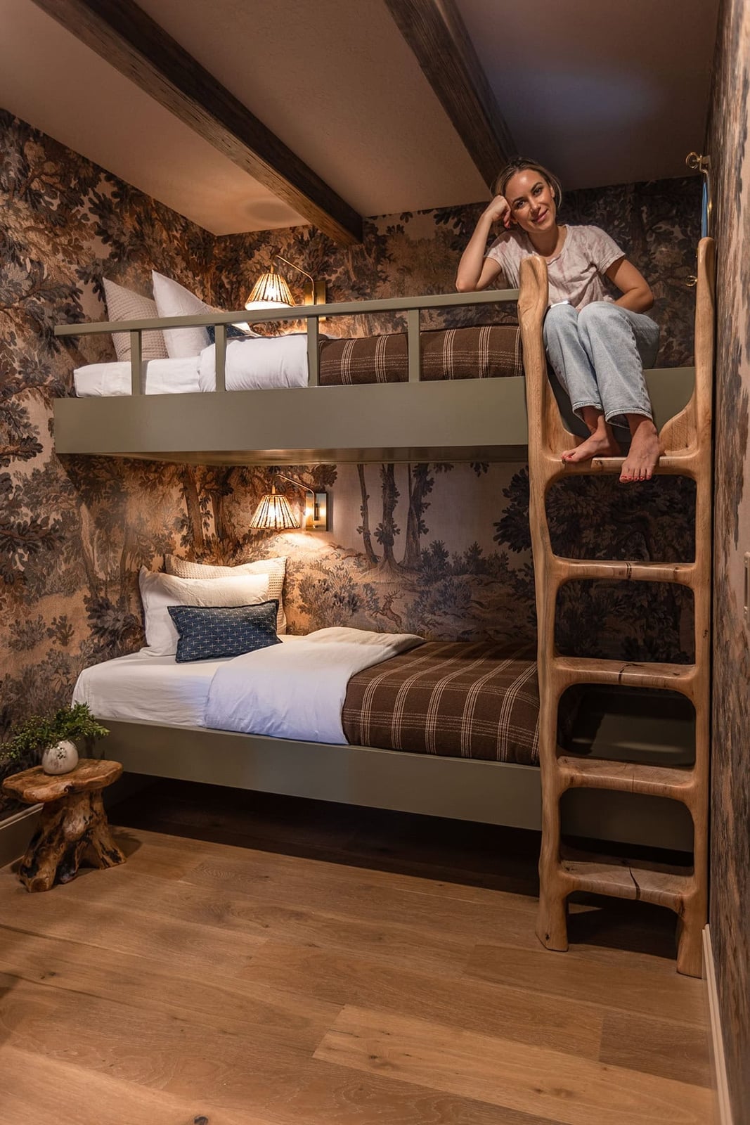 Rustic Wooden Bunk Bed with Nature-Themed Wallpaper, Close-Up Take Rustic Wooden Bunk Bed with Nature-Themed Wallpaper, Close-Up Take — Trendy Bunk Bed Ideas