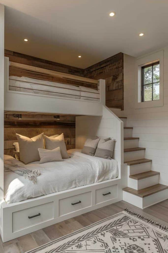 White Bunk Bed Unit Against Wood Plank Accent, Office-Safe Version White Bunk Bed Unit Against Wood Plank Accent, Office-Safe Version — Trendy Bunk Bed Ideas