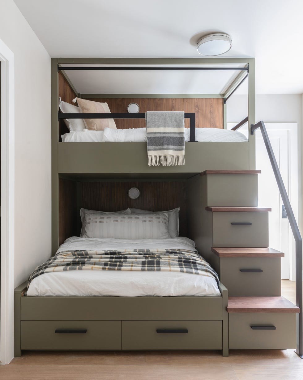 Integrated Green Bunk Bed with Staircase Drawers, Close-Up Take Integrated Green Bunk Bed with Staircase Drawers, Close-Up Take — Trendy Bunk Bed Ideas