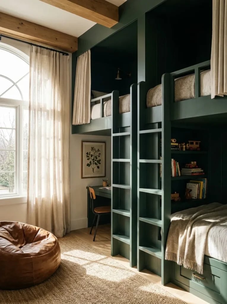 Dark Green Built-In Bunk Beds with Shelving and Beanbag Dark Green Built-In Bunk Beds with Shelving and Beanbag — Trendy Bunk Bed Ideas