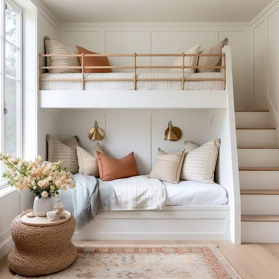 Built-in White Bunk Bed with Bench Seating and Terracotta Accents Built-in White Bunk Bed with Bench Seating and Terracotta Accents — Trendy Bunk Bed Ideas