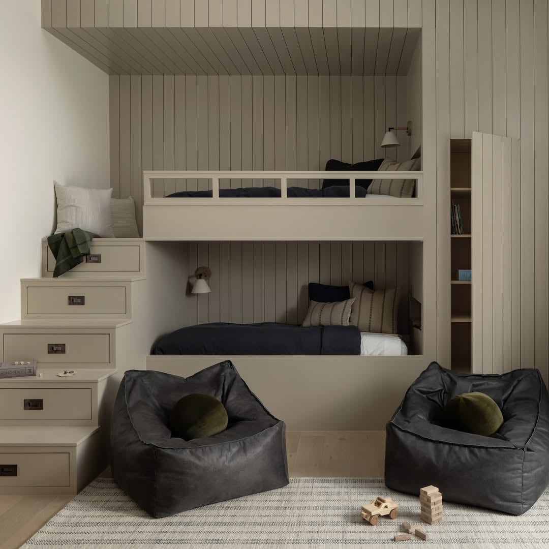 Built-in Bunk Bed with Storage Stairs and Navy Linens, Close-Up Take Built-in Bunk Bed with Storage Stairs and Navy Linens, Close-Up Take — Trendy Bunk Bed Ideas