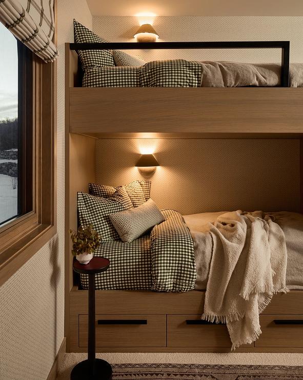 Wooden Bunk Bed with Black and White Gingham, Office-Safe Version Wooden Bunk Bed with Black and White Gingham, Office-Safe Version — Trendy Bunk Bed Ideas