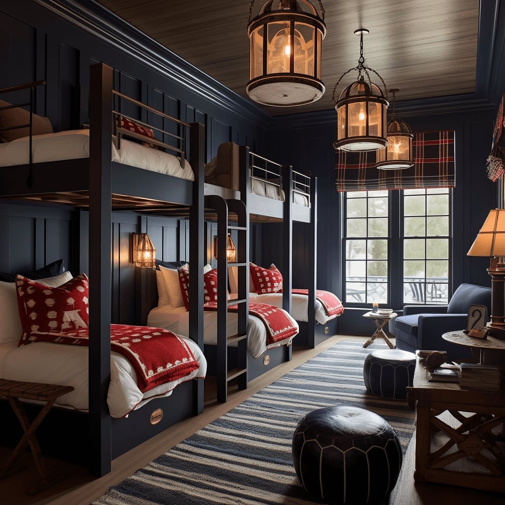 Dark Navy Bunk Beds with Industrial Accents, Office-Safe Version Dark Navy Bunk Beds with Industrial Accents, Office-Safe Version — Trendy Bunk Bed Ideas