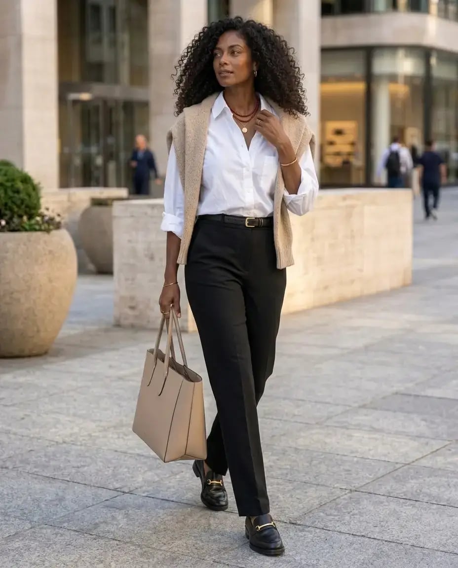 Black Wide-Leg Trousers with a Draped Sweater — Trendy Business Casual Outfits Black Women