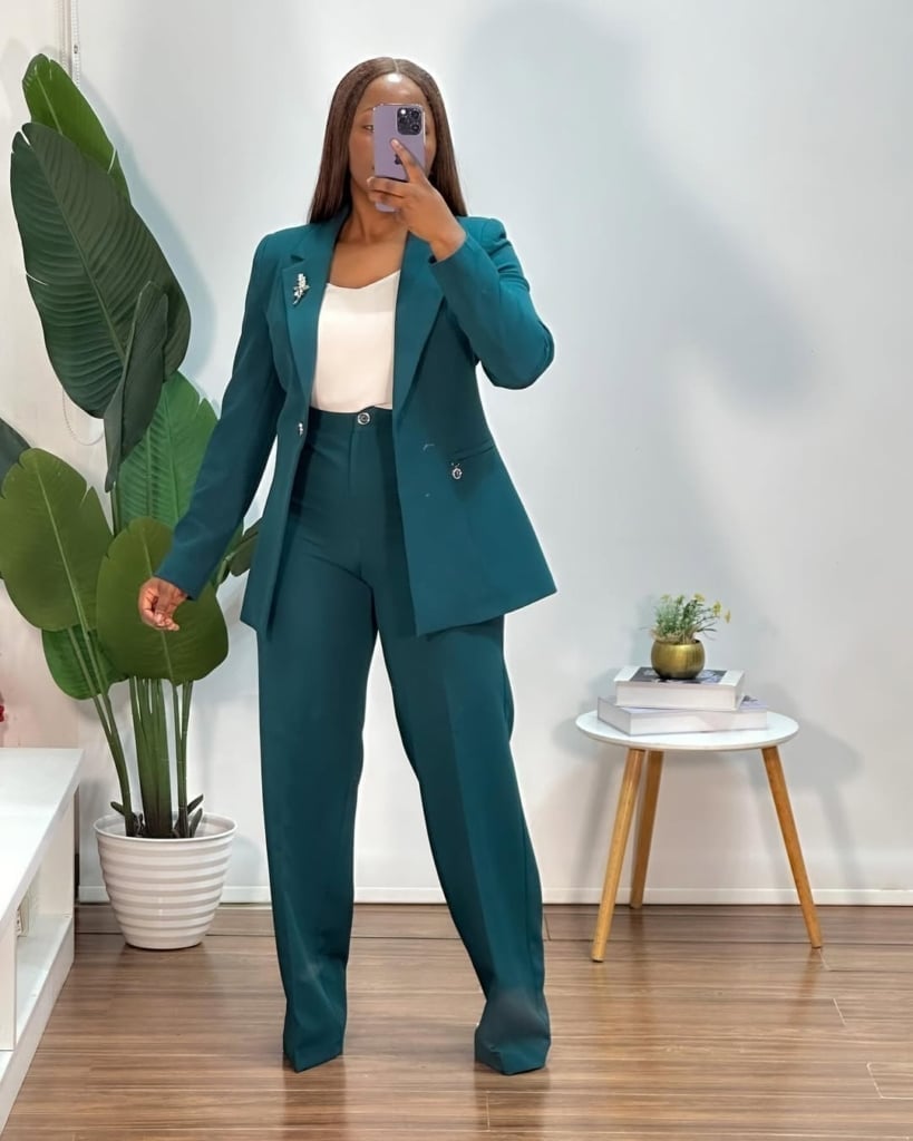 Teal Pantsuit with White Camisole — Trendy Business Casual Outfits Black Women