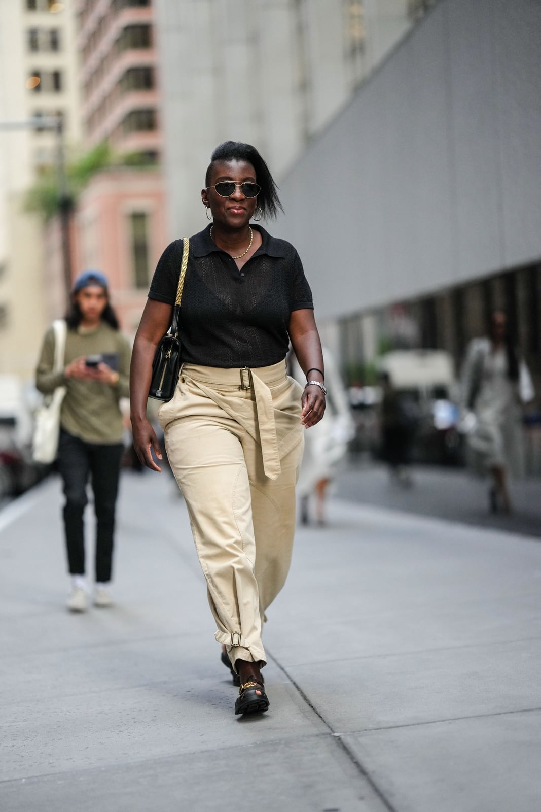 Black Collared Shirt with Beige Wide-Leg Trousers — Trendy Business Casual Outfits Black Women