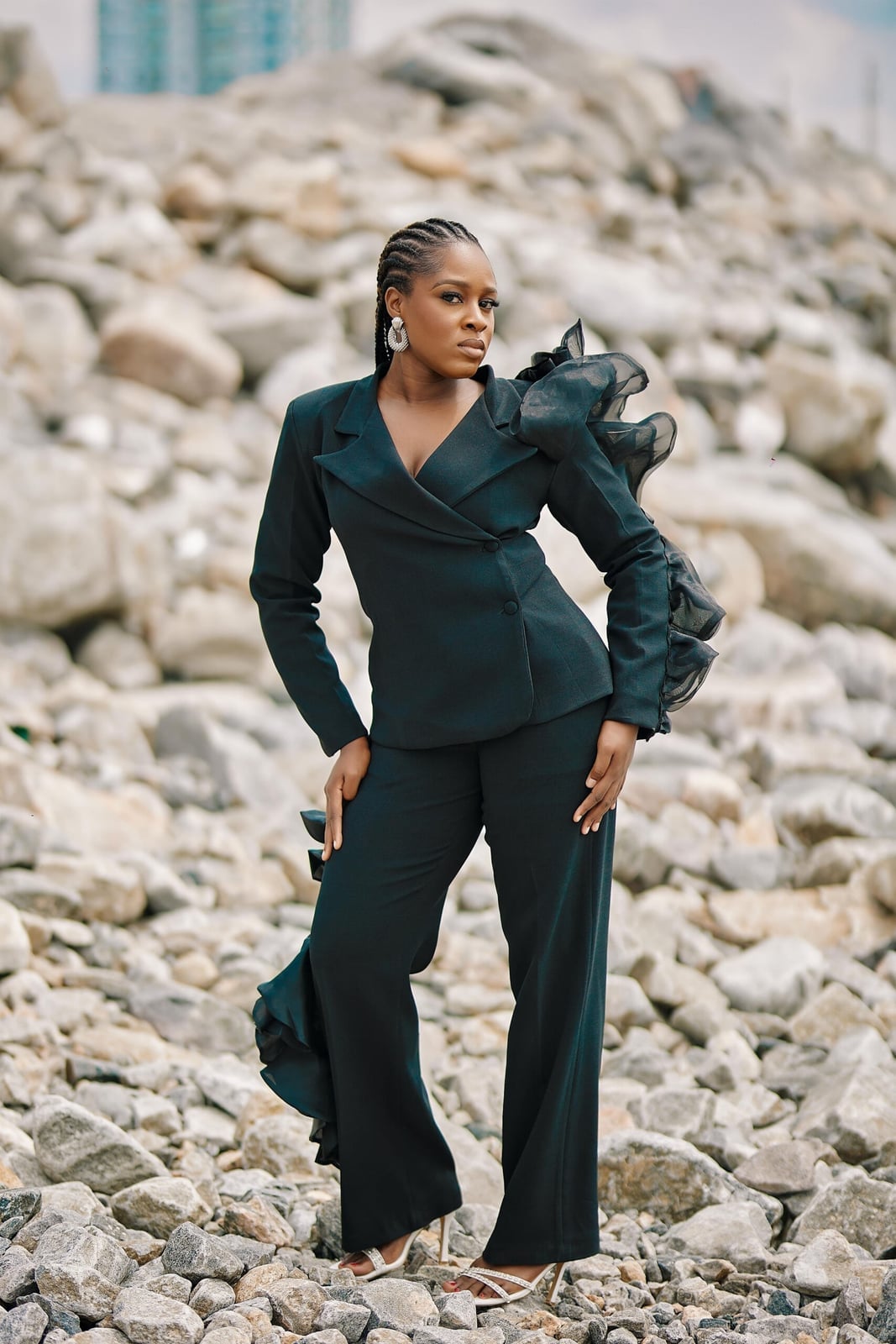 Black Suit with Sheer Ruffled Details — Trendy Business Casual Outfits Black Women