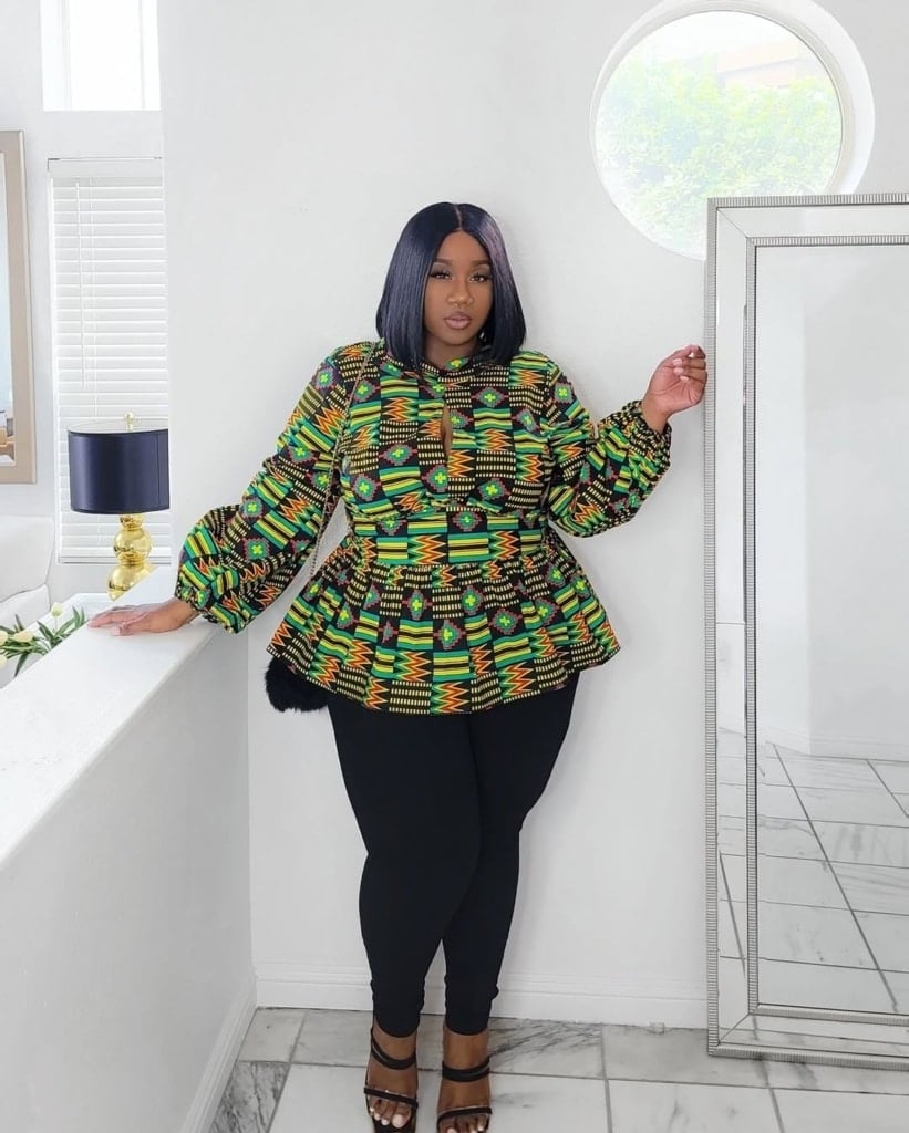 Patterned Peplum Top with Black Leggings — Trendy Business Casual Outfits Black Women