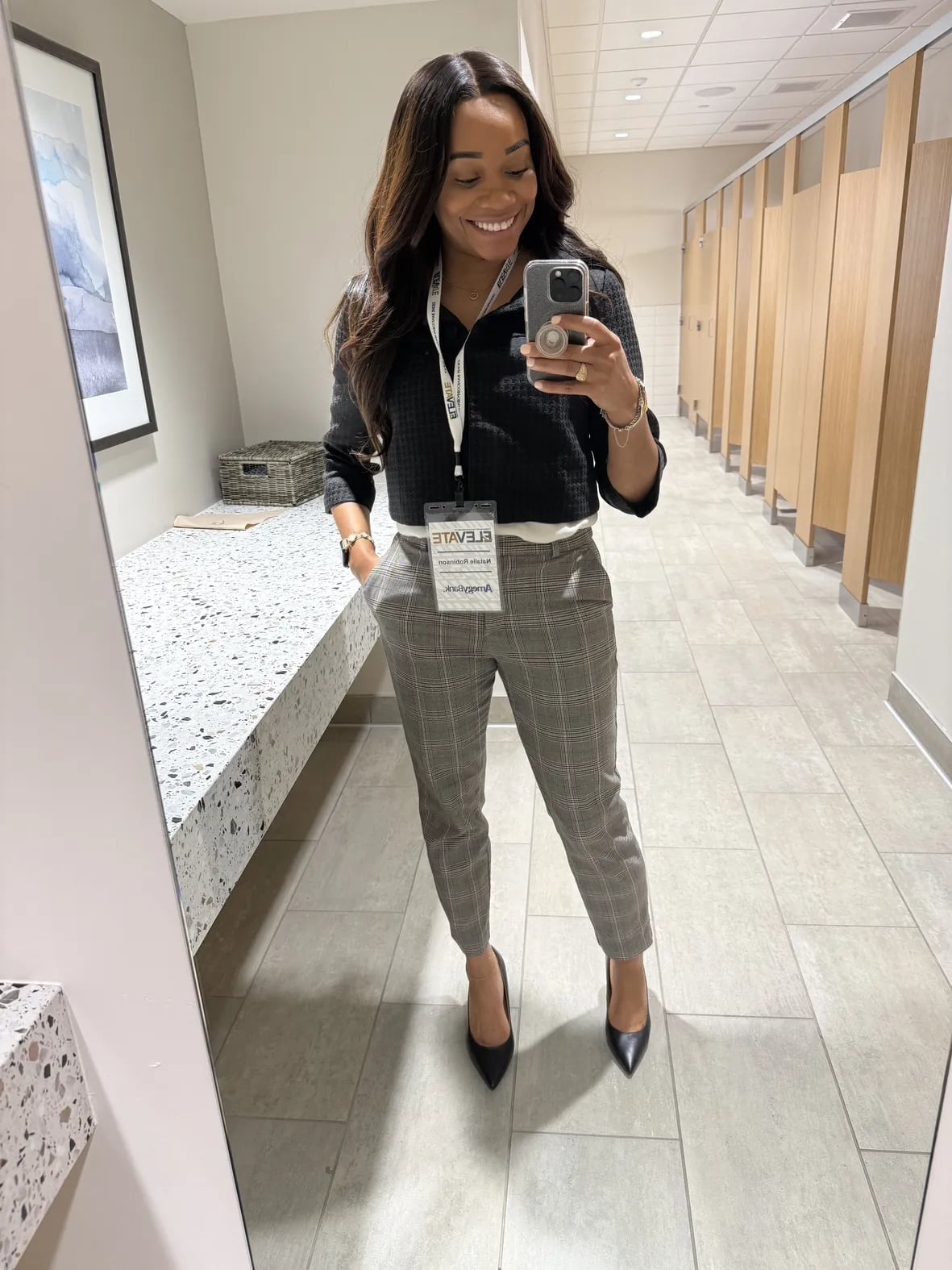 Black Textured Jacket Over T-Shirt and Plaid Trousers — Trendy Business Casual Outfits Black Women