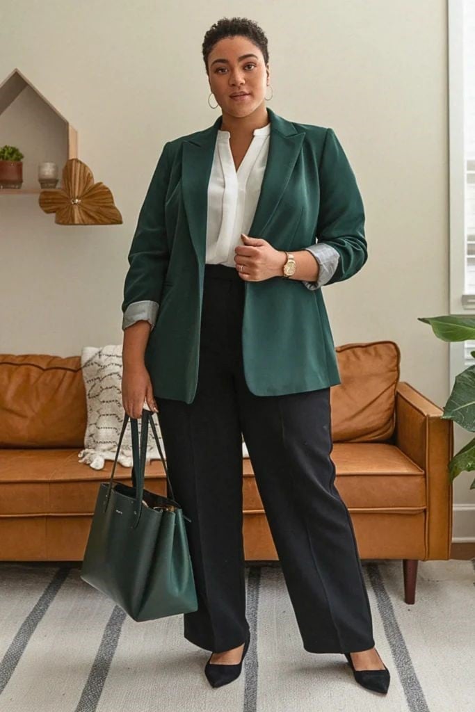 Dark Green Blazer with Black Wide-Leg Trousers — Trendy Business Casual Outfits Black Women