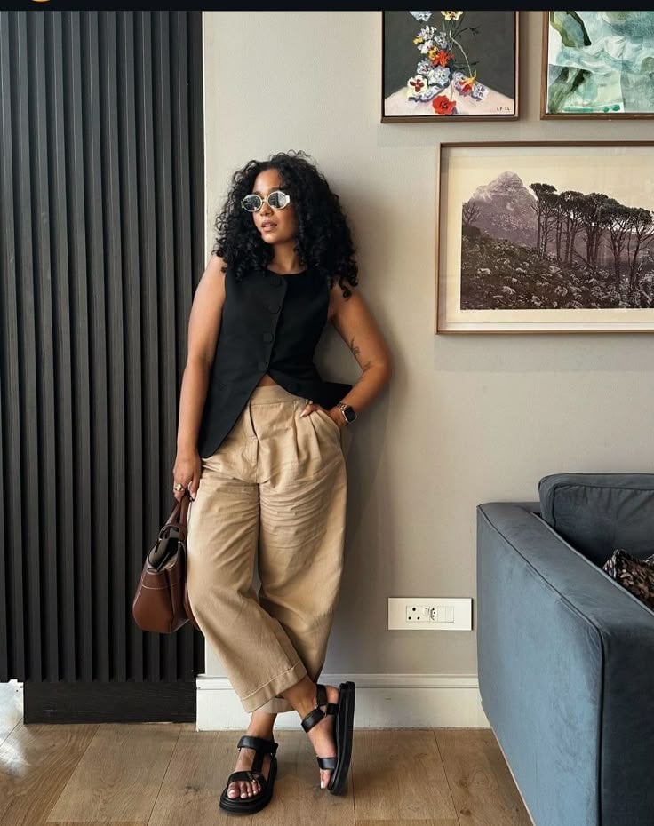 Black Sleeveless Vest with Beige Pleated Trousers — Trendy Business Casual Outfits Black Women