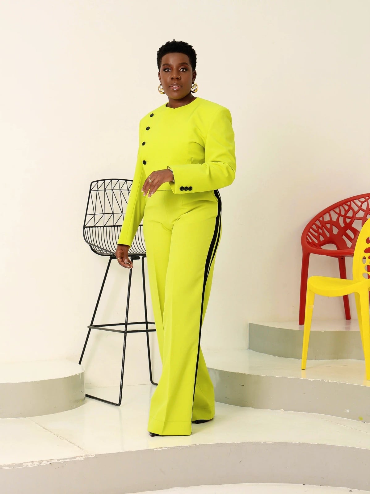 Neon Green Tailored Blazer and Wide-Leg Trousers, Close-Up Take — Trendy Business Casual Outfits Black Women