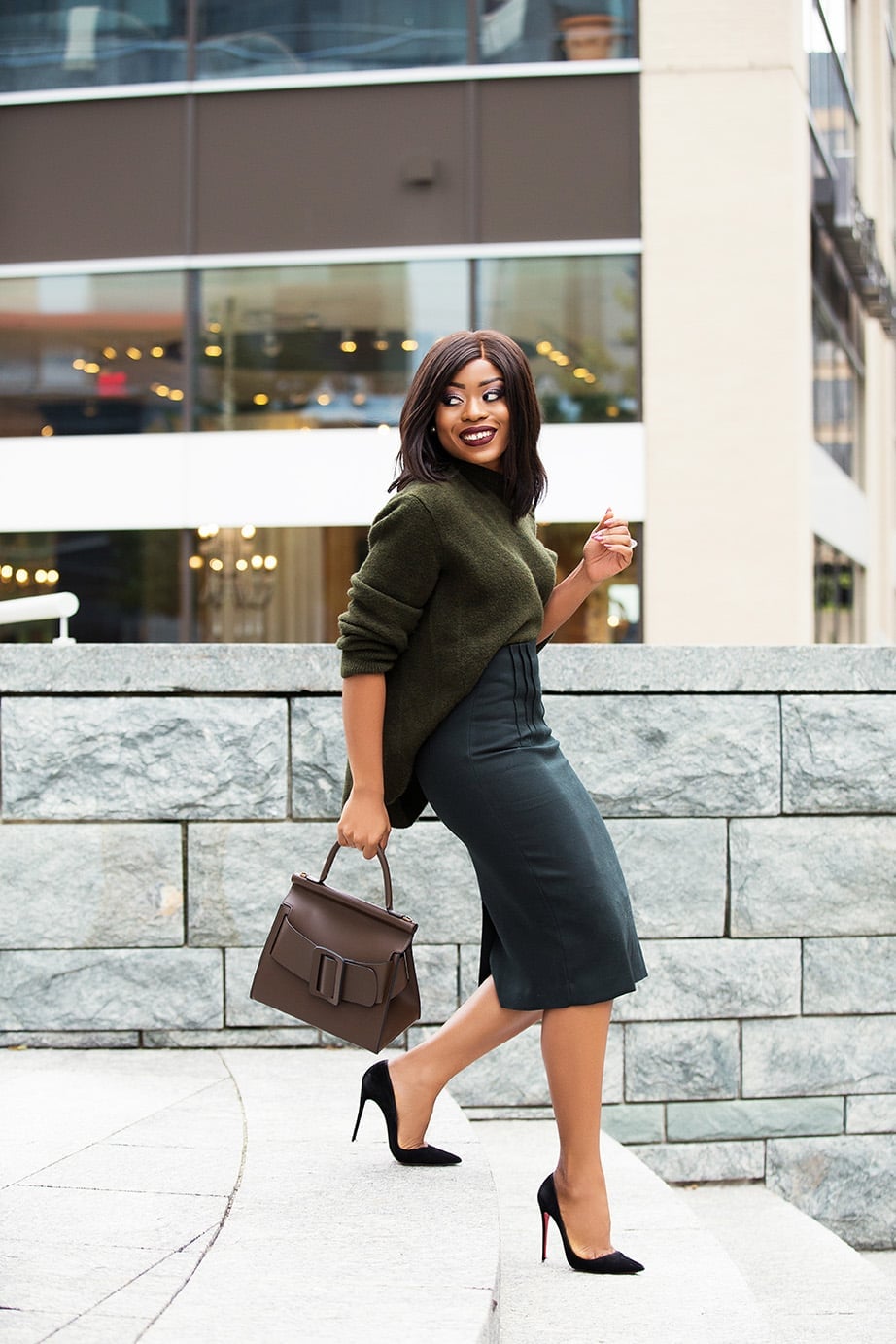 Oversized Dark Green Sweater with Charcoal Pencil Skirt — Trendy Business Casual Outfits Black Women
