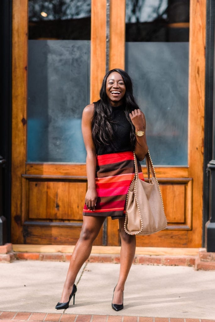 Black Sleeveless Top with Colorful Striped Mini Skirt — Trendy Business Casual Outfits Black Women