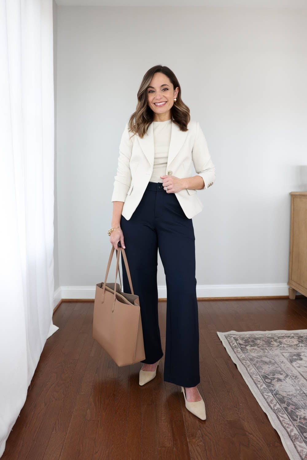 Ivory Blazer with Navy Wide-Leg Trousers Ivory Blazer with Navy Wide-Leg Trousers — Trendy Business Professional Outfits