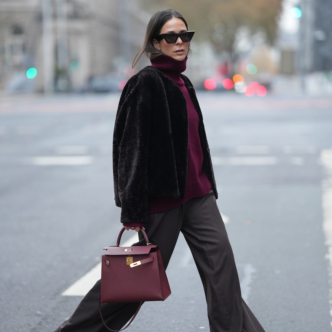 Faux Fur Jacket with Burgundy Turtleneck Faux Fur Jacket with Burgundy Turtleneck — Trendy Business Professional Outfits