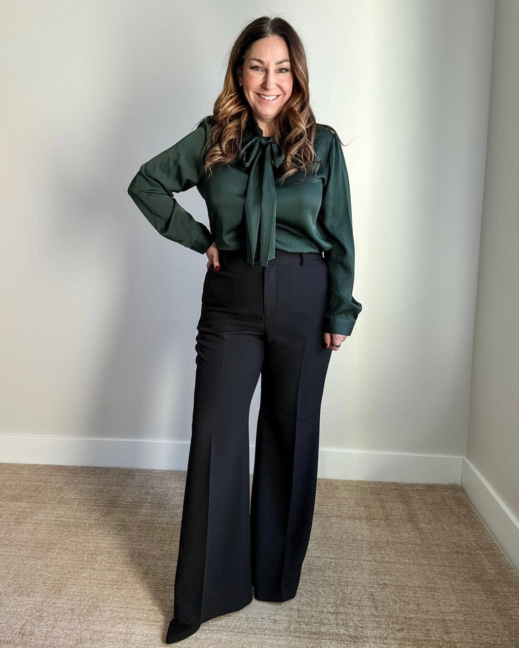 Bow-Neck Blouse with Herringbone Coat Bow-Neck Blouse with Herringbone Coat — Trendy Business Professional Outfits