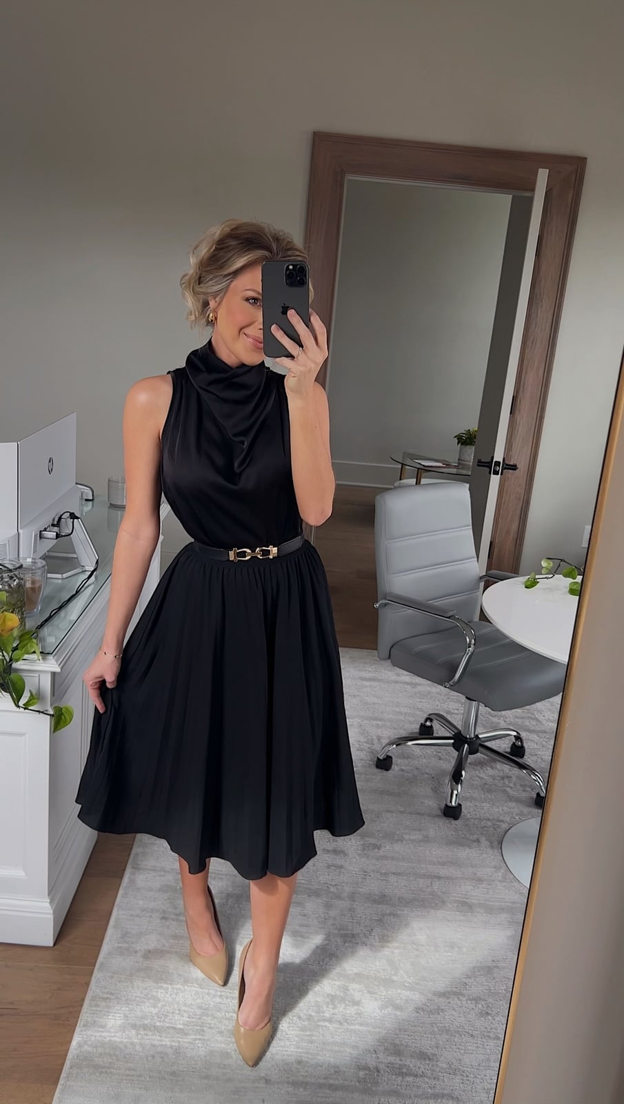 Black Satin Top with Pleated Midi Skirt Black Satin Top with Pleated Midi Skirt — Trendy Business Professional Outfits