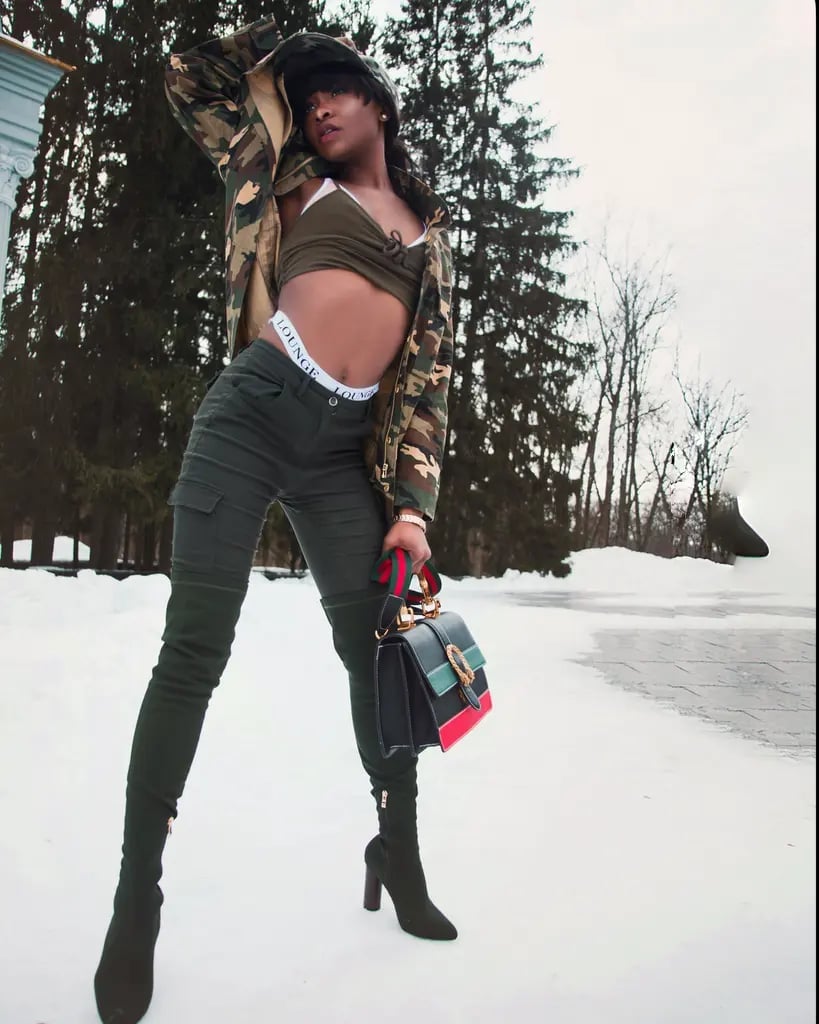 Camo Jacket with Olive Green Cargo Pants and Thigh-High Boots Camo Jacket with Olive Green Cargo Pants and Thigh-High Boots — Trendy Camo Outfits