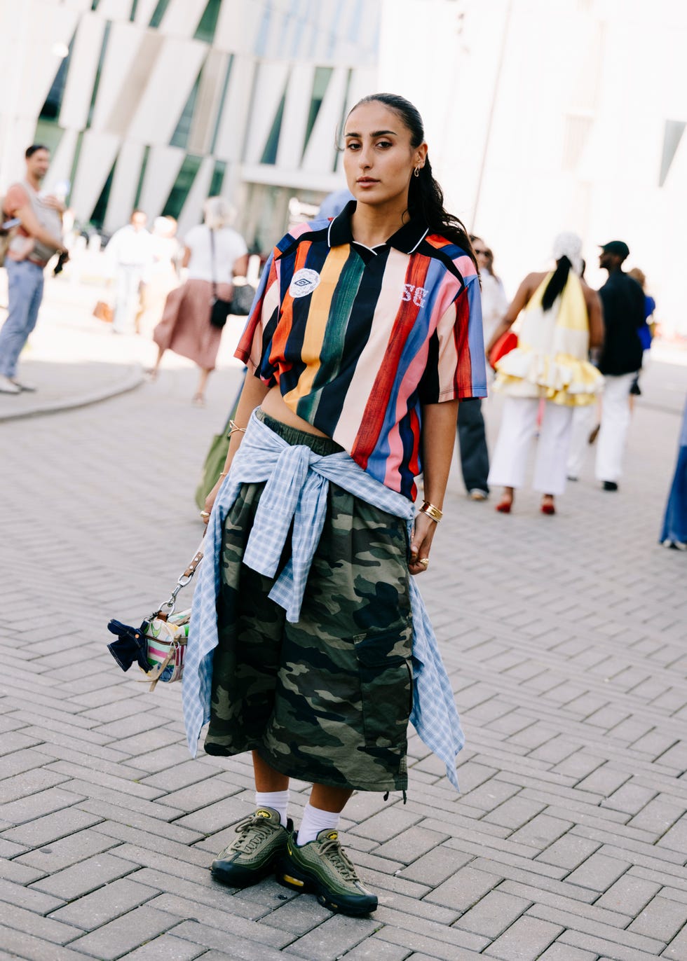Camo Midi Skirt with Striped Polo and Tied Shirt Camo Midi Skirt with Striped Polo and Tied Shirt — Trendy Camo Outfits