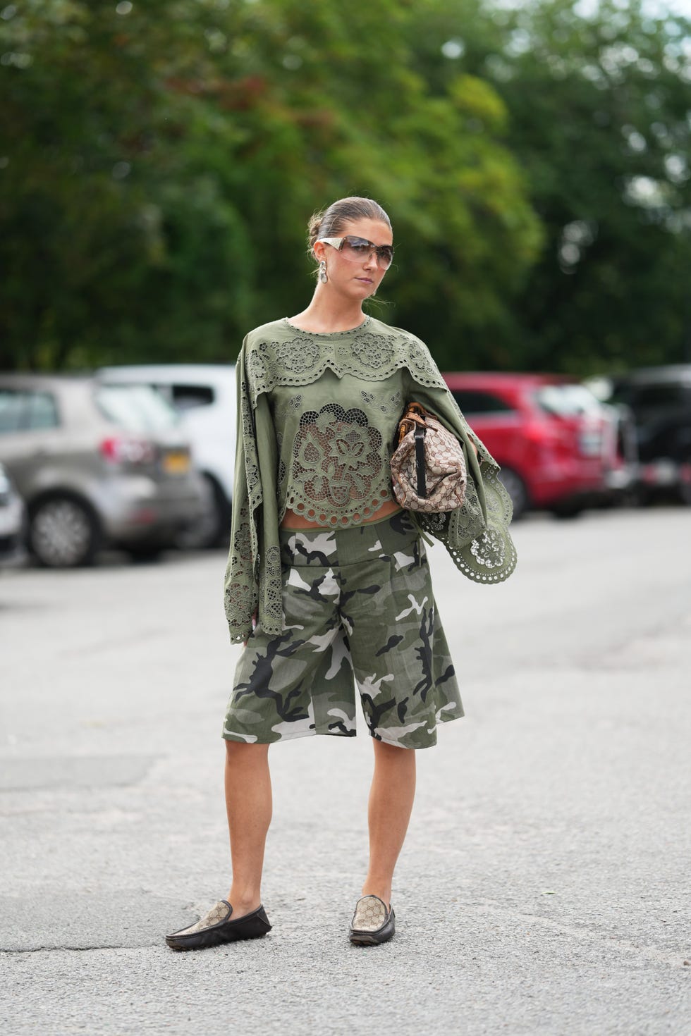 Camo Print Shorts with Laser-Cut Olive Green Top Camo Print Shorts with Laser-Cut Olive Green Top — Trendy Camo Outfits