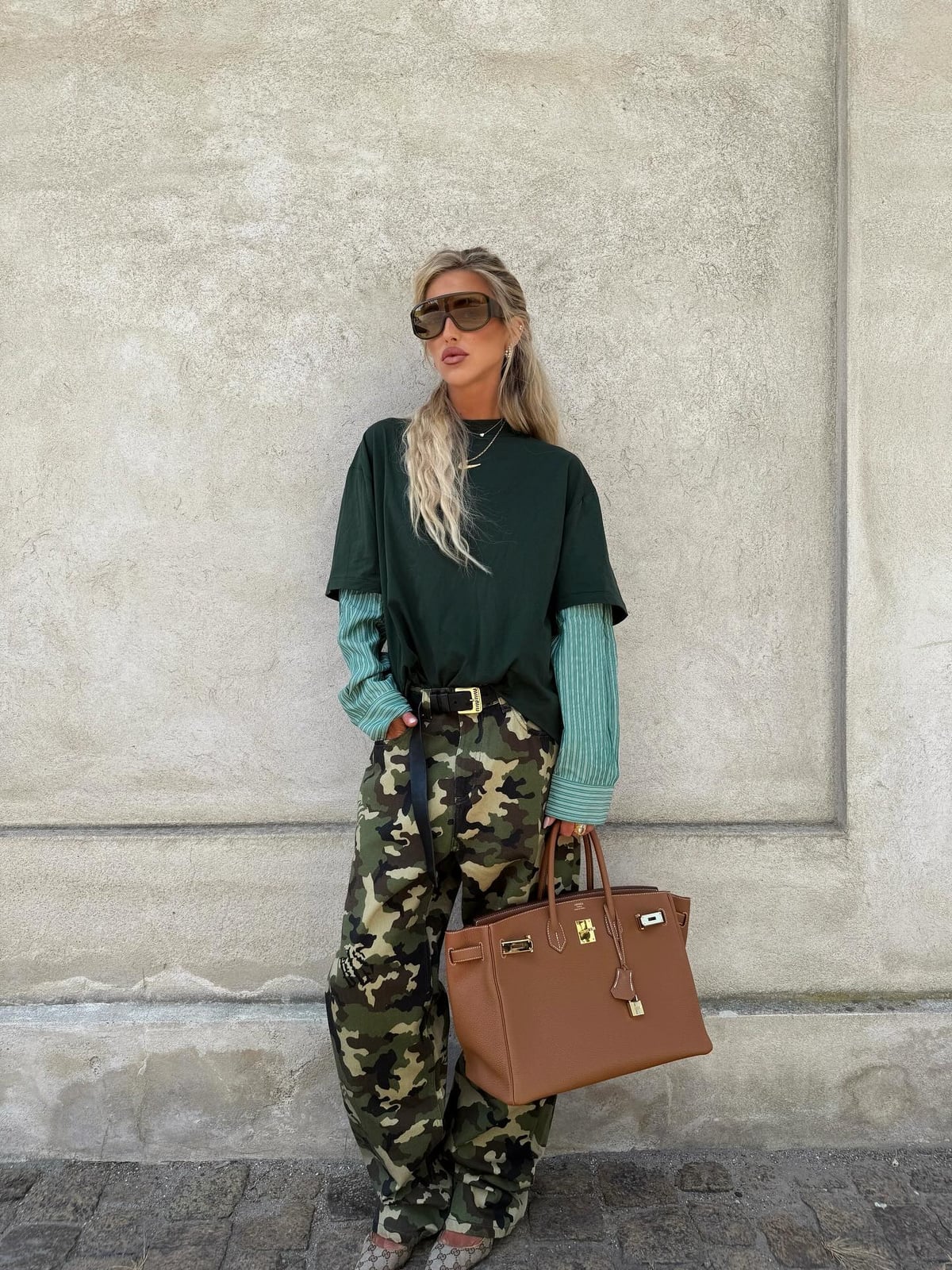 Layered Camo Cargo Trousers with Striped Shirt Layered Camo Cargo Trousers with Striped Shirt — Trendy Camo Outfits