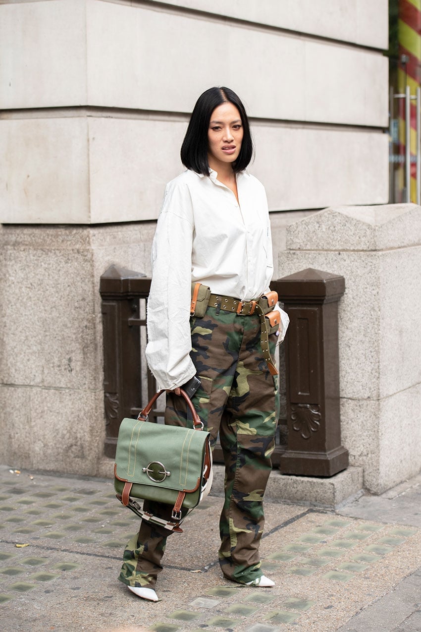 Camo Cargo Pants with Oversized White Button-Down Shirt Camo Cargo Pants with Oversized White Button-Down Shirt — Trendy Camo Outfits
