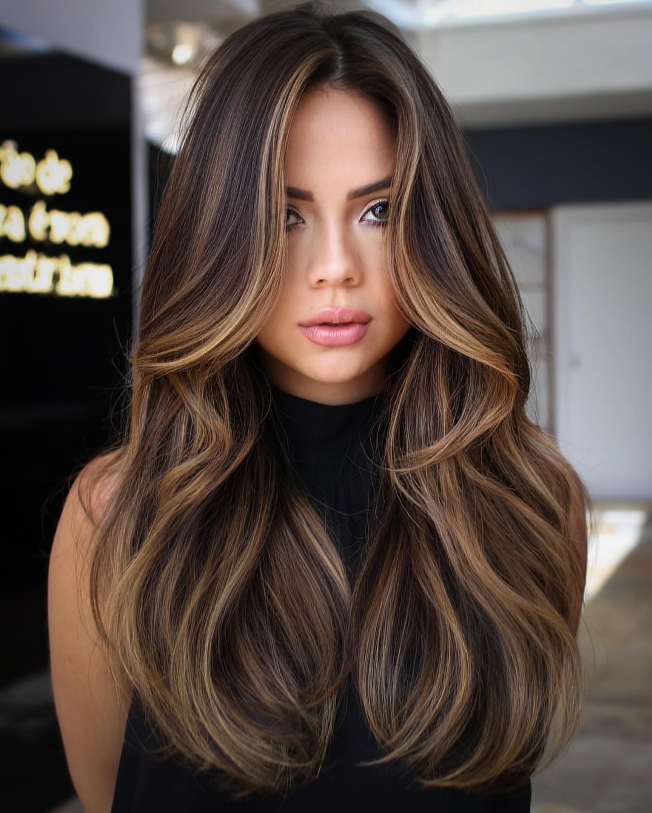 Mid-Back Dark Brown With Caramel Balayage Highlights, Close-Up Take Mid-Back Dark Brown With Caramel Balayage Highlights, Close-Up Take — Trendy Caramel Hair Color