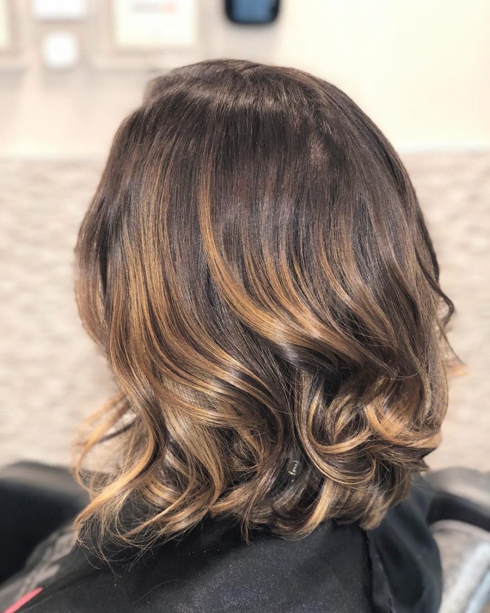Chin Length Bob With Warm Caramel Highlights Chin Length Bob With Warm Caramel Highlights — Trendy Caramel Hair Color