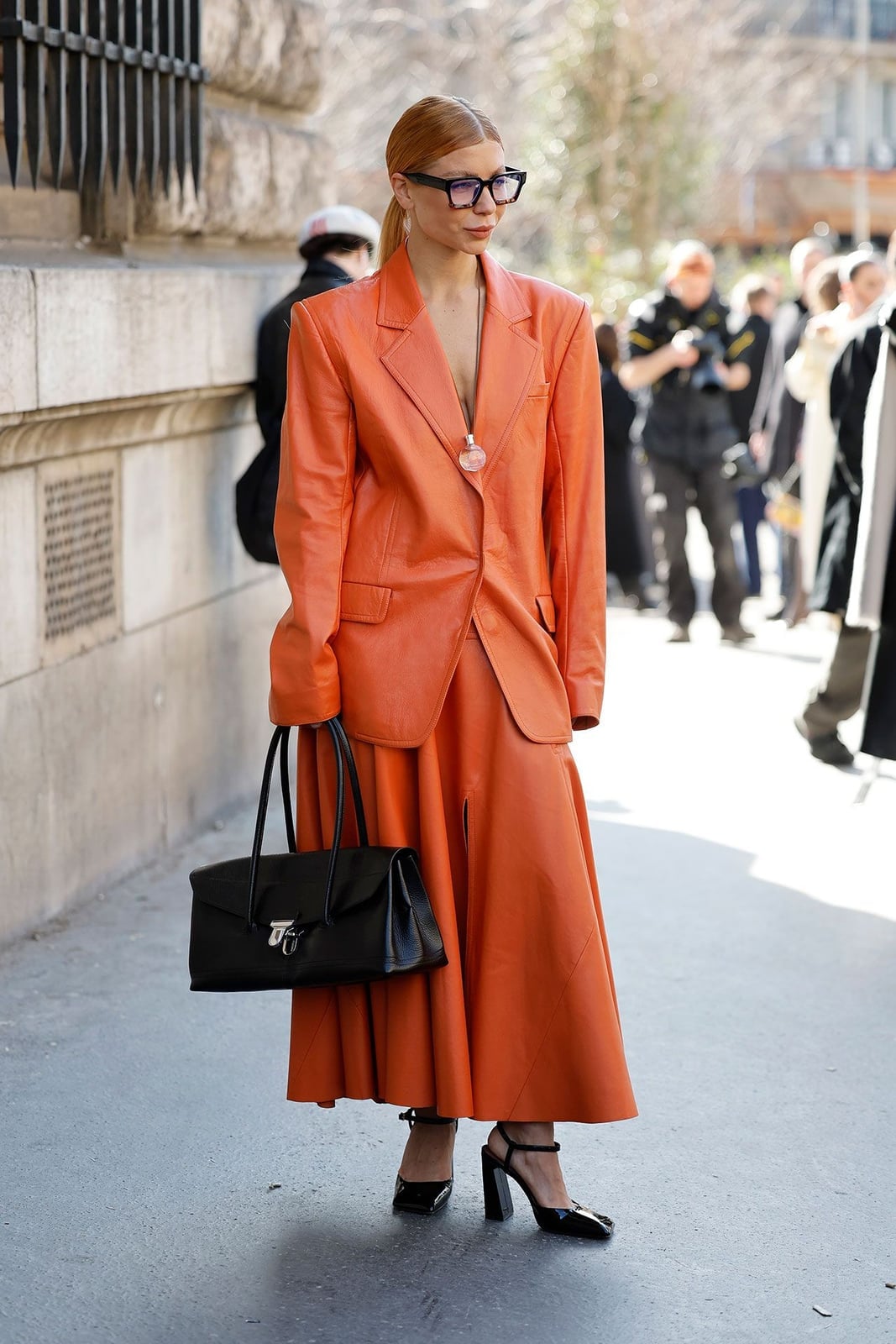 Orange Leather Blazer With A-Line Skirt Orange Leather Blazer With A-Line Skirt — Trendy Casual Birthday Outfit