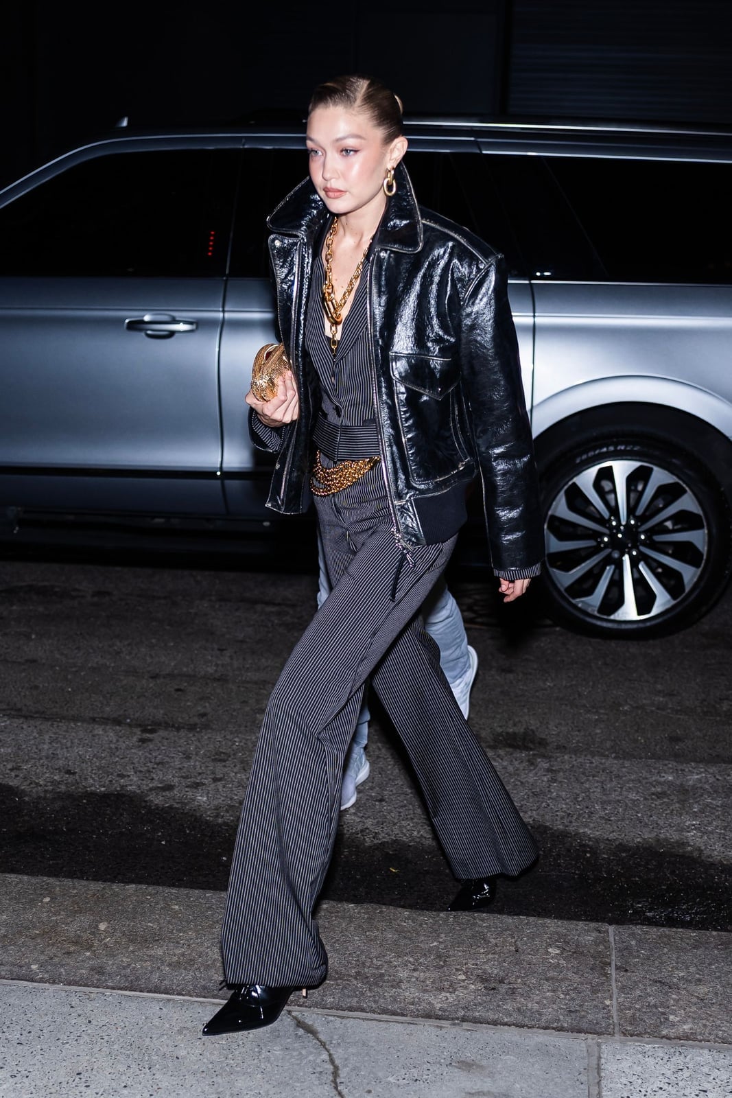 Patent Leather Jacket With Pinstripe Set Patent Leather Jacket With Pinstripe Set — Trendy Casual Birthday Outfit