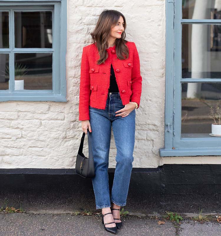 Bright Red Textured Jacket With Jeans Bright Red Textured Jacket With Jeans — Trendy Casual Birthday Outfit
