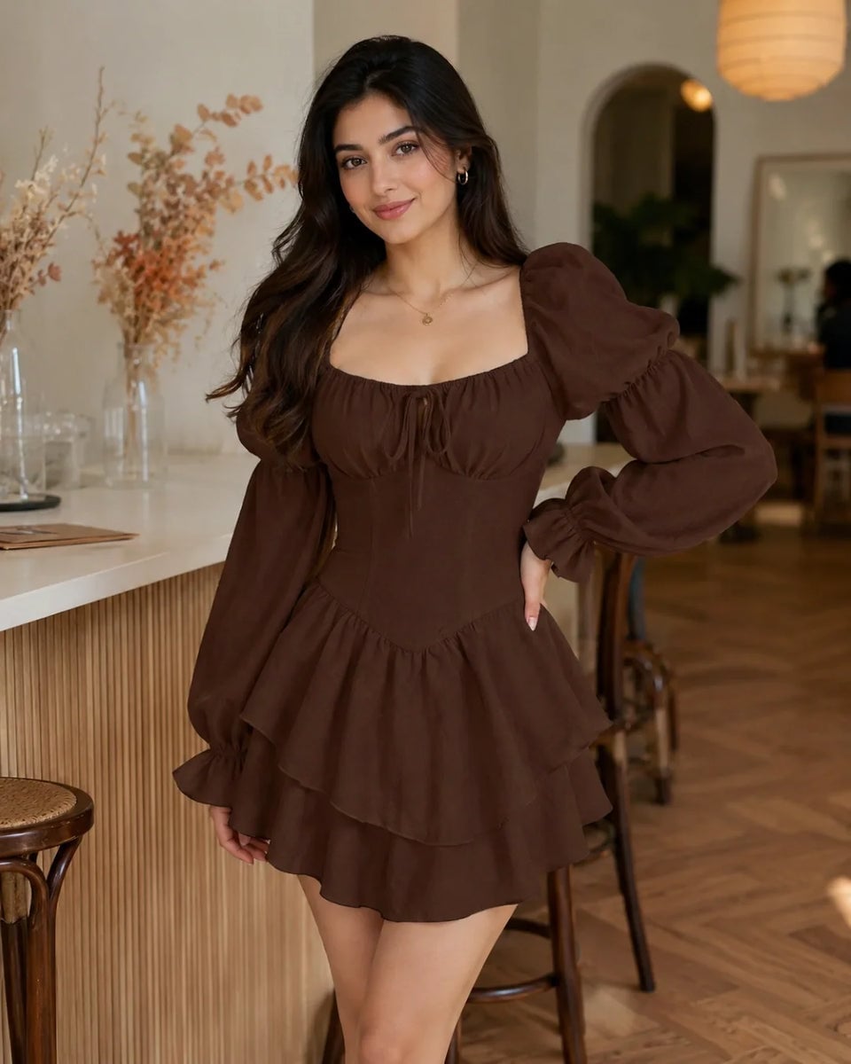 Puffy Sleeve Mini Dress With Tiered Skirt Puffy Sleeve Mini Dress With Tiered Skirt — Trendy Casual Birthday Outfit