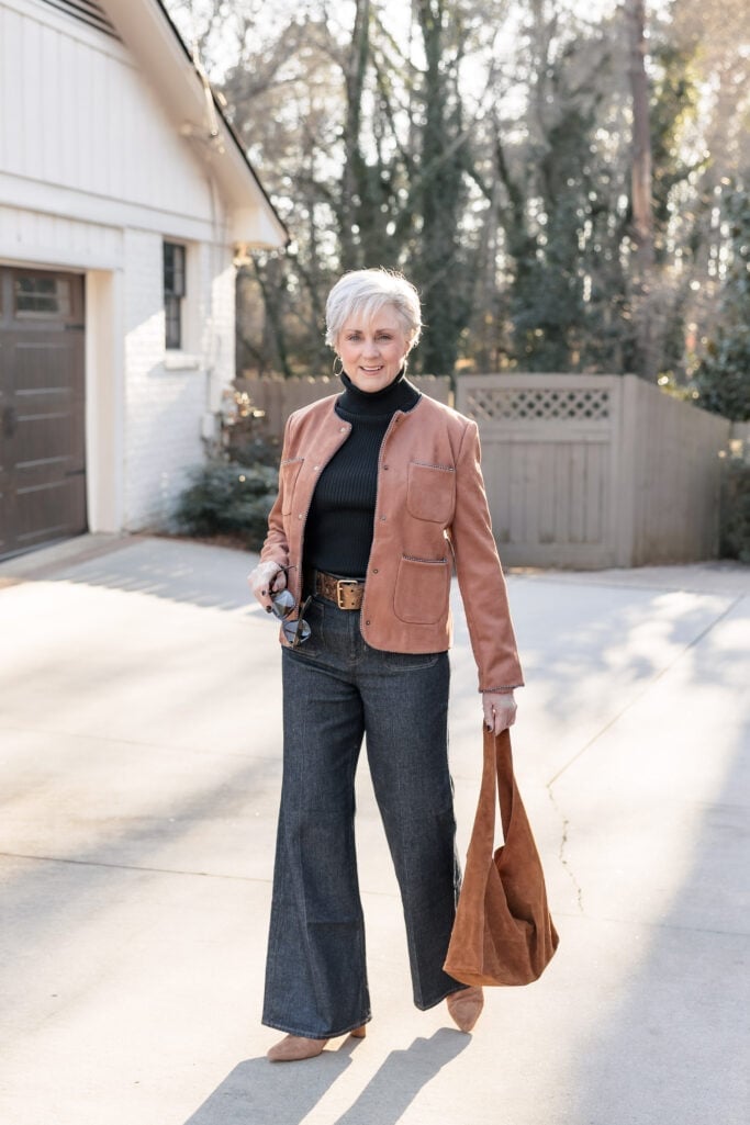 Brown Suede Jacket with Wide-Leg Jeans Brown Suede Jacket with Wide-Leg Jeans — Trendy Casual Church Outfit
