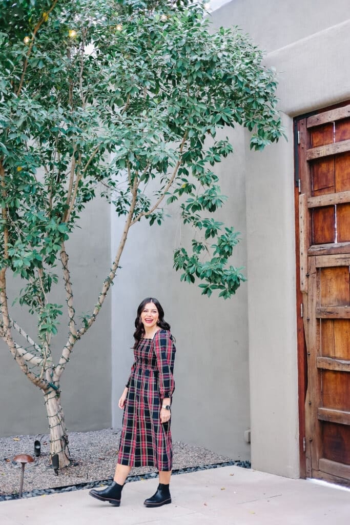 Red, Black, and White Plaid Midi Dress Red, Black, and White Plaid Midi Dress — Trendy Casual Church Outfit